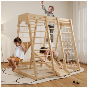 Playground Indoor LunaQuest: Jungle Gym Montessori para Crianças de 1 a 8 Anos - Conjunto 8 em 1 com Balanço Escorregador Parede de Escalada e Mais