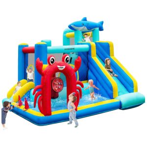 Parque Aquático Inflável VIVOHOME 7 em 1 para Crianças Castelo Inflável com Escorregador 365x305m Inflador e Basquete