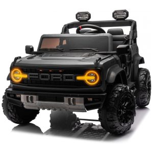Carrinho Elétrico Licenciado Infantil 2 Lugares 24V Ford Bronco Raptor 4x4 2 Motores 90W Bluetooth Suspensão 4 Rodas Controle Remoto YOFE Preto