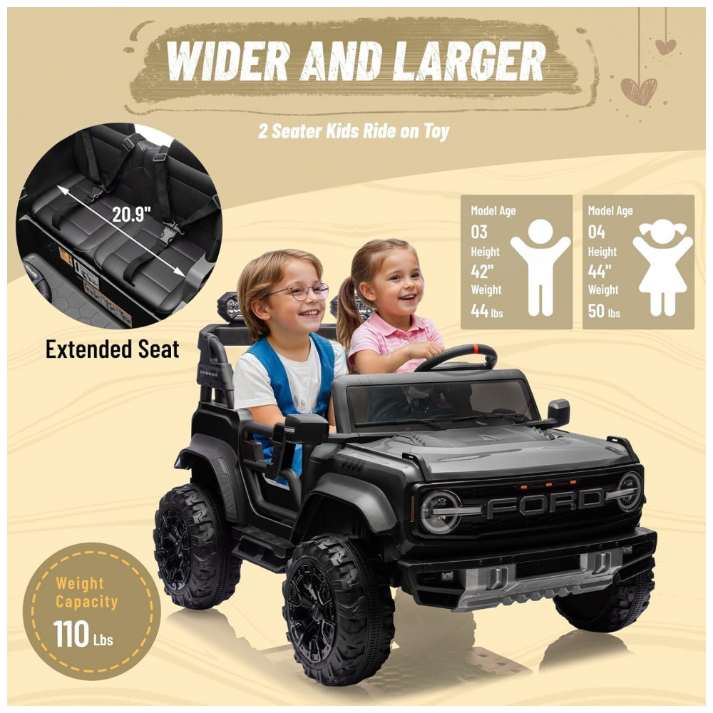 Carrinho Elétrico Licenciado Infantil 2 Lugares 24V, Ford Bronco Raptor 4x4, 2 Motores 90W, Bluetooth, Suspensão 4 Rodas, Controle Remoto, YOFE, Preto - Imagem 3