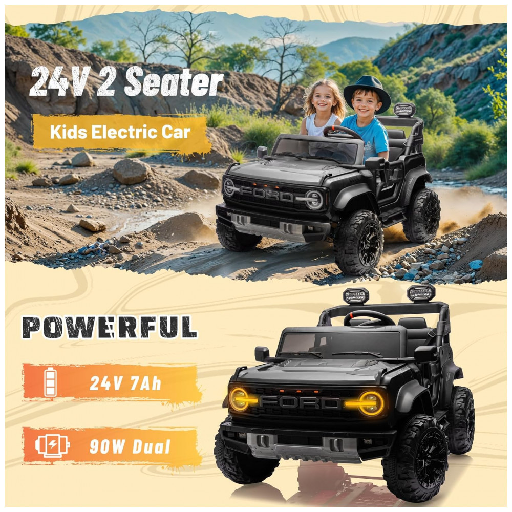 Carrinho Elétrico Licenciado Infantil 2 Lugares 24V, Ford Bronco Raptor 4x4, 2 Motores 90W, Bluetooth, Suspensão 4 Rodas, Controle Remoto, YOFE, Preto - Imagem 4