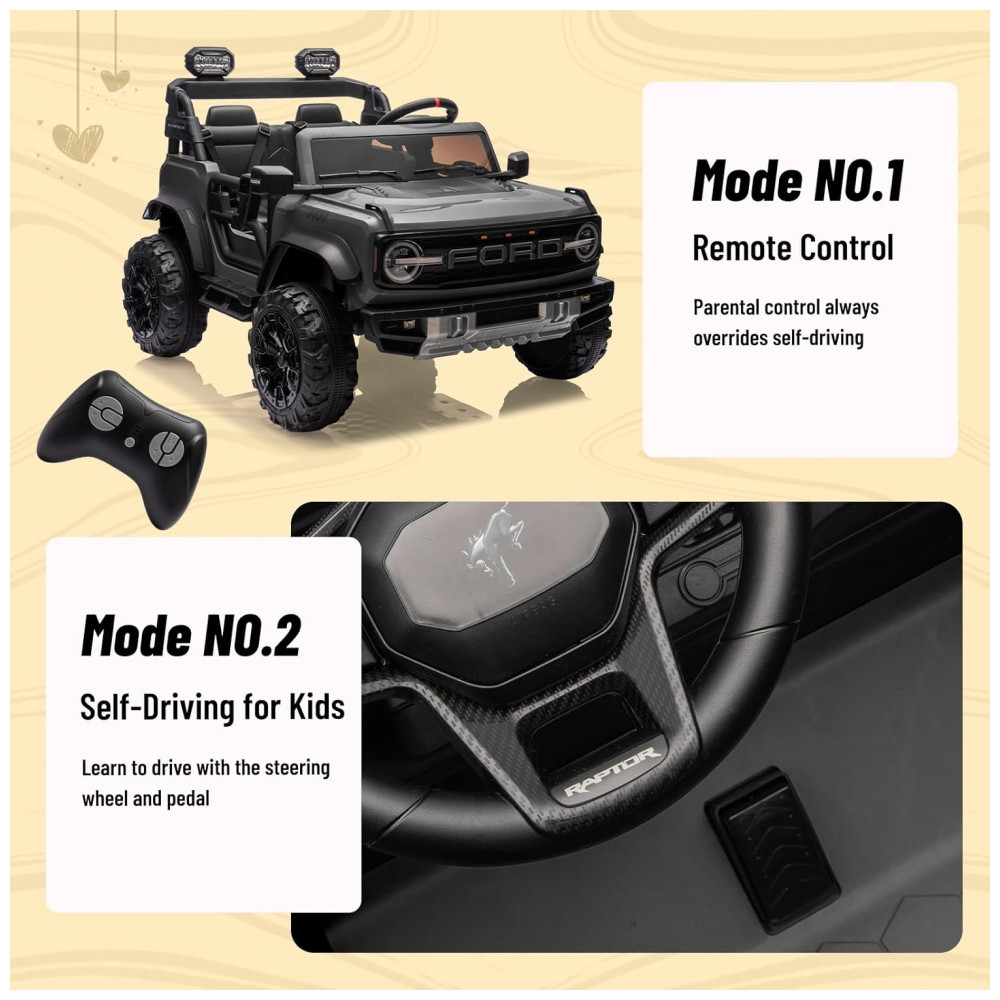 Carrinho Elétrico Licenciado Infantil 2 Lugares 24V, Ford Bronco Raptor 4x4, 2 Motores 90W, Bluetooth, Suspensão 4 Rodas, Controle Remoto, YOFE, Preto - Imagem 6