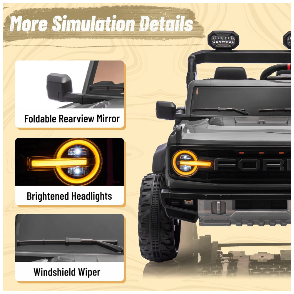 Carrinho Elétrico Licenciado Infantil 2 Lugares 24V, Ford Bronco Raptor 4x4, 2 Motores 90W, Bluetooth, Suspensão 4 Rodas, Controle Remoto, YOFE, Preto - Imagem 7
