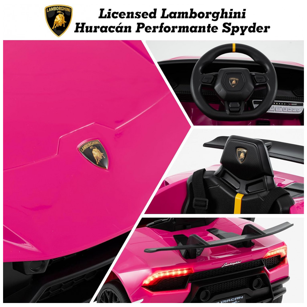 Carro Elétrico Infantil Licenciado Lamborghini Huracan OLAKIDS Rosa 12V com Controle Remoto 2 Velocidades Suspensão Bluetooth e USB - Imagem 3