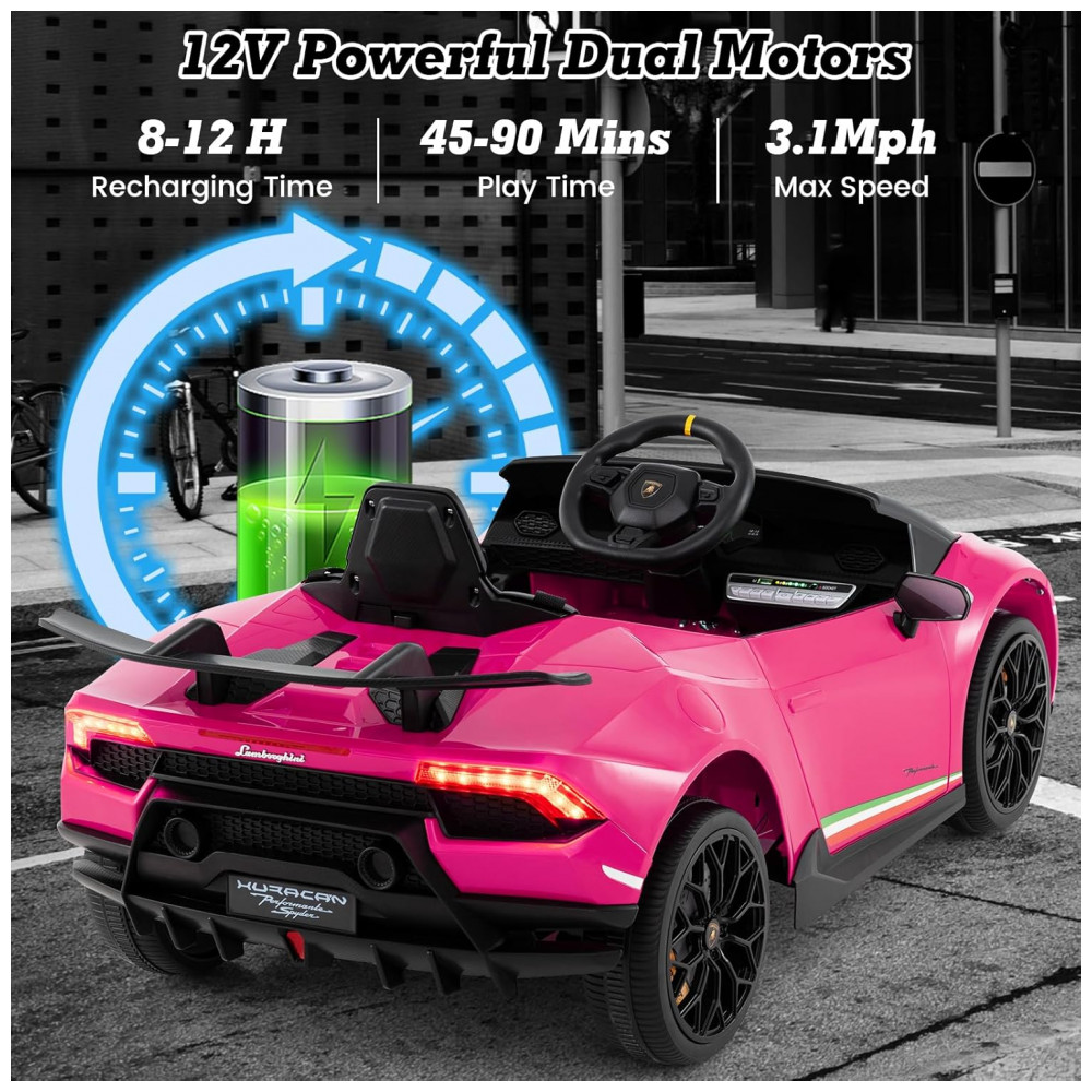 Carro Elétrico Infantil Licenciado Lamborghini Huracan OLAKIDS Rosa 12V com Controle Remoto 2 Velocidades Suspensão Bluetooth e USB - Imagem 4