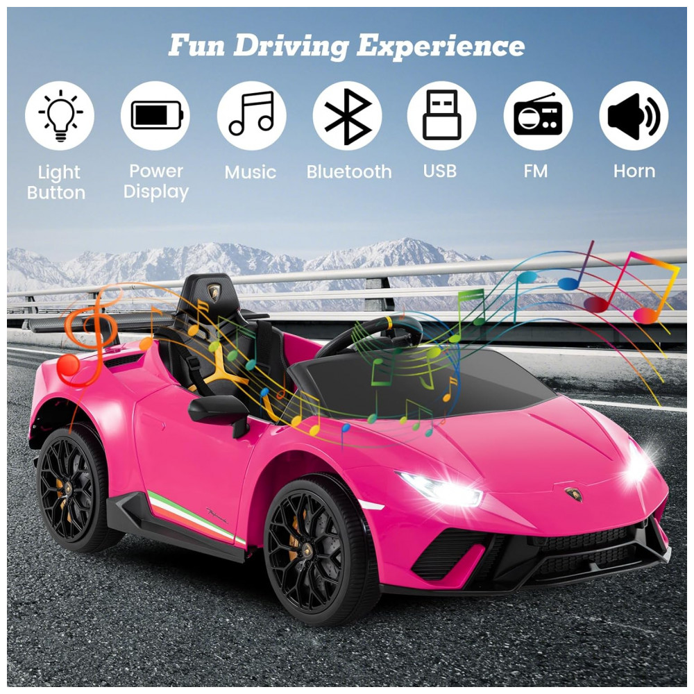 Carro Elétrico Infantil Licenciado Lamborghini Huracan OLAKIDS Rosa 12V com Controle Remoto 2 Velocidades Suspensão Bluetooth e USB - Imagem 5