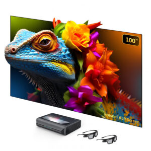 Projetor a laser 4K tri‑color UST NexiGo Aurora Pro MKII preto com tela Fresnel ALR 100" e óculos 3D HDR Dolby Vision e Atmos 110V