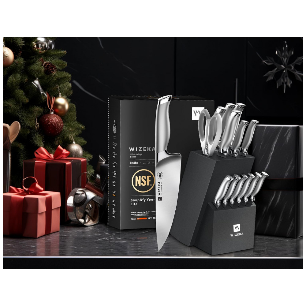 Conjunto de Facas WIZEKA em Aço Inoxidável Alemão com Bloco de Bancada Multinível 15 Peças Prata - Imagem 2