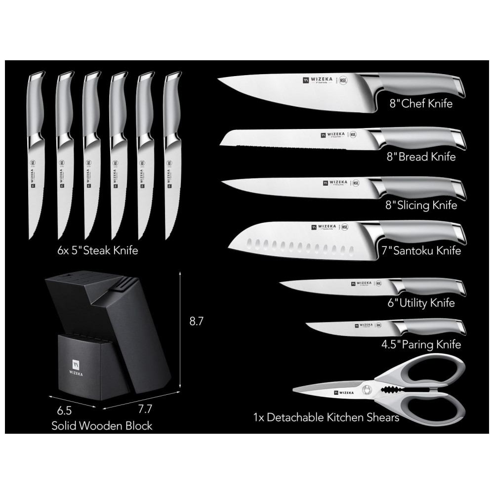 Conjunto de Facas WIZEKA em Aço Inoxidável Alemão com Bloco de Bancada Multinível 15 Peças Prata - Imagem 6