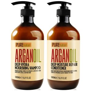 Shampoo e Condicionador Óleo de Argan Marroquino Cabelos Danificados Secos e Finos 500ml PURE NATURE LUX SPA Marrom Escuro