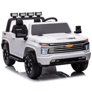 Carro Elétrico Infantil Chevrolet Silverado com Controle Remoto 2 Lugares Luzes Música e Pneus EVA 24V NEWQIDA Branco