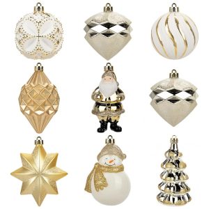 Conjunto de 9 Bolas de Natal Douradas para Árvore com Temas Variados Decorativas e Anti-quebra Villa Como