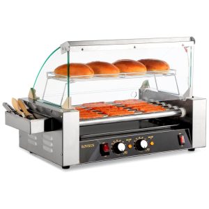Máquina de Salsicha Hot Dog Rovsun Grill para 18 Hot Dogs 7 rolos 1050W controle de temperatura duplo iluminação LED tampa prateleira removível