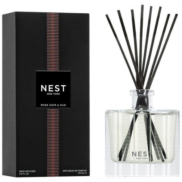 Difusor de Varetas NEST New York, Rose Noir Oud 175 ml - Fragrância por até 90 dias - Vidro Reutilizável e Recarregável com 8 Varetas de Rattan 100% N