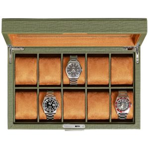 Caixa Estojo de Couro com Trava e Visor de Vidro para Relógios com 10 Compartimentos ROTHWELL Verde e Marrom