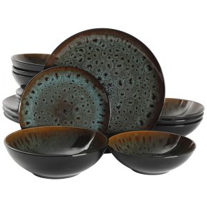 Aparelho de Jantar com 16 Peças em Cerâmica e Esmalte Reativo Gibson Elite Kyoto Azul Petróleo