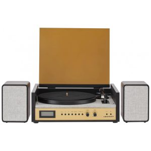 Crosley CR7017BBK Coda - Toca-discos Bluetooth de 3 Velocidades e Sistema de Estante com Rádio FM e Alto-falantes Estéreo Preto CR7017B Coda Agulha