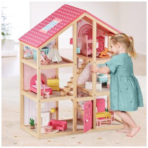 Casa de Bonecas de Madeira 30 Peças com 6 Quartos e Acessórios de Móveis para Crianças de 3 a 12 Anos TINY LAND Rosa