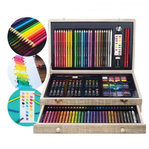 Kit Lápis de Cor Profissional com Maleta de Madeira 142 peças Tintas Acrílicas Aquarela ART 101 USA 55142MB Marrom Claro
