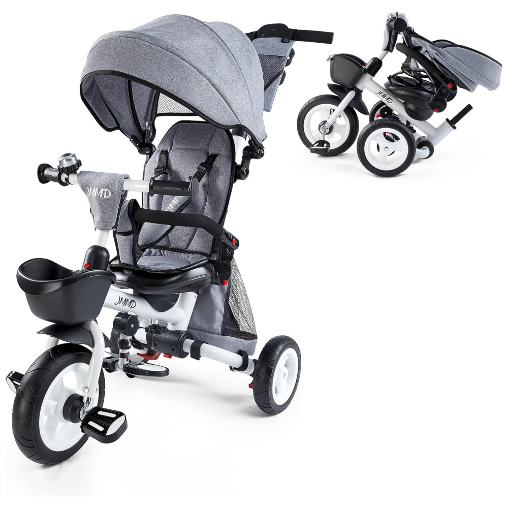 Triciclo Infantil Dobrável 7 em 1 com Alça Ajustável Arnês de Segurança Freios de Roda Capota Removível e Armazenamento JMMD Cinza
