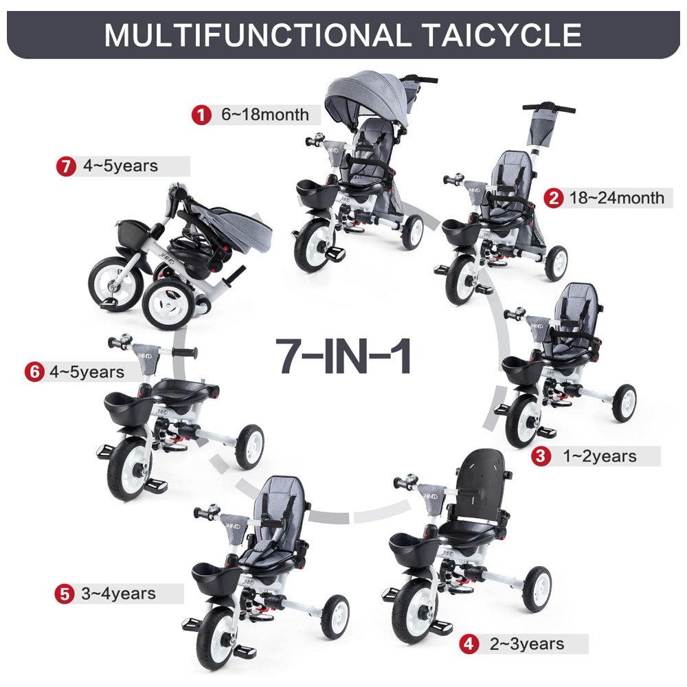 Triciclo Infantil Dobrável 7 em 1 com Alça Ajustável Arnês de Segurança Freios de Roda Capota Removível e Armazenamento JMMD Cinza - Imagem 2