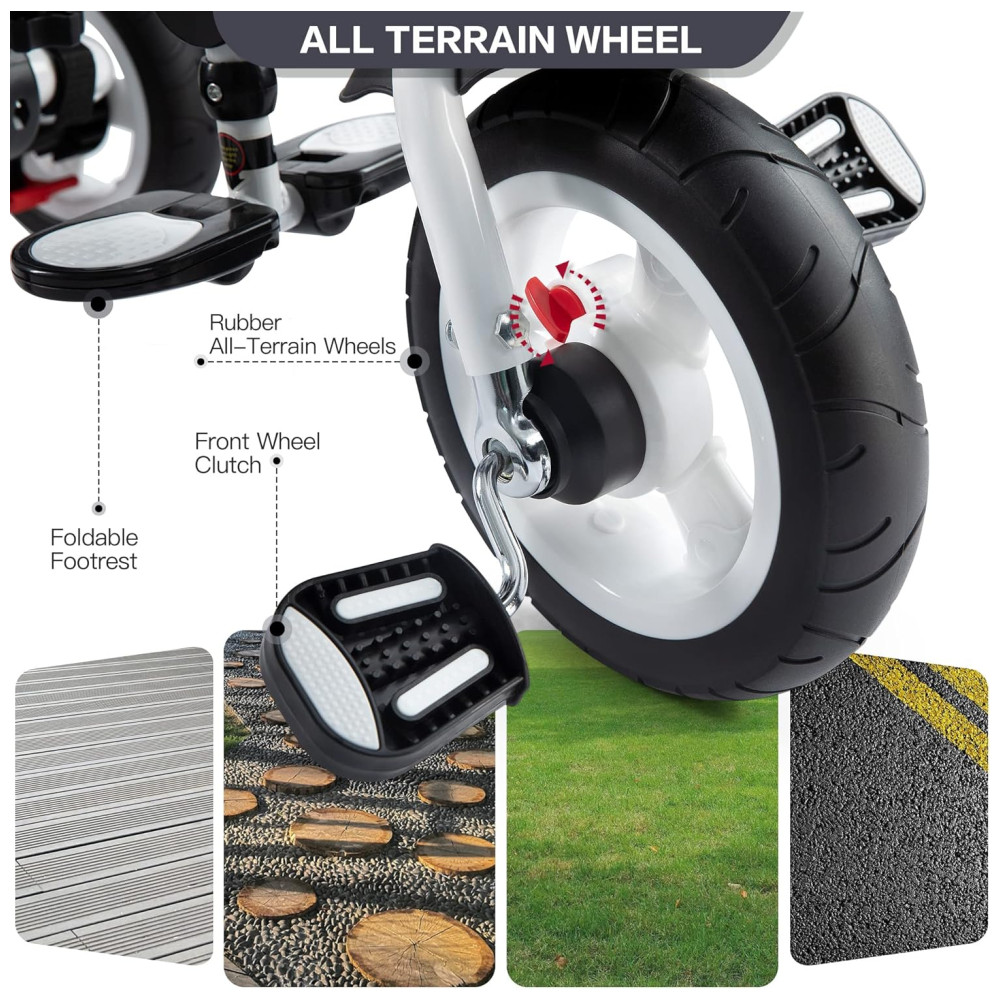 Triciclo Infantil Dobrável 7 em 1 com Alça Ajustável Arnês de Segurança Freios de Roda Capota Removível e Armazenamento JMMD Cinza - Imagem 3