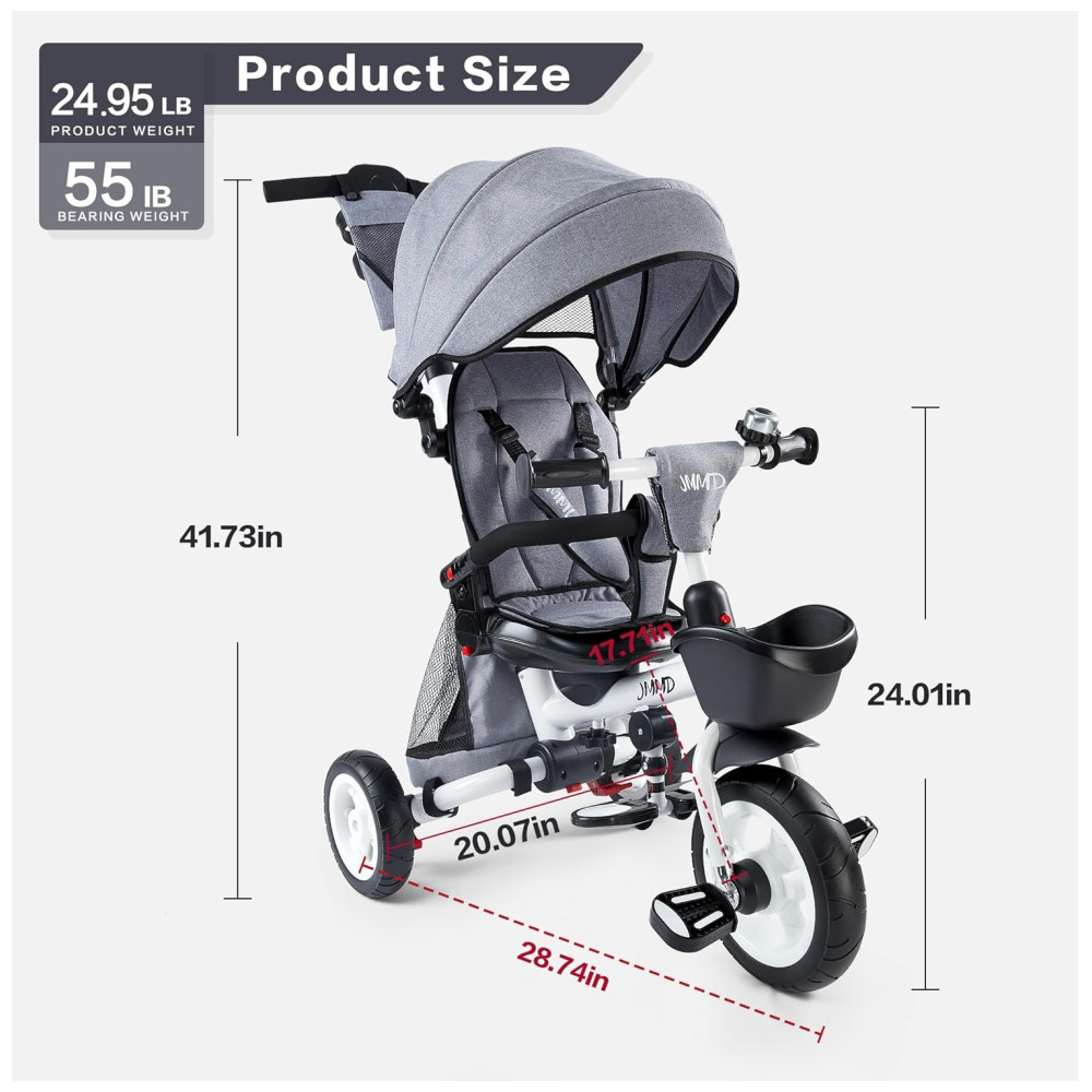 Triciclo Infantil Dobrável 7 em 1 com Alça Ajustável Arnês de Segurança Freios de Roda Capota Removível e Armazenamento JMMD Cinza - Imagem 5