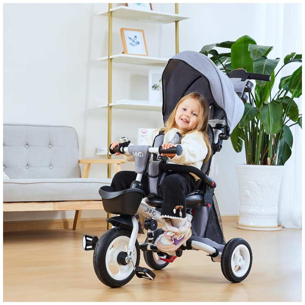 Triciclo Infantil Dobrável 7 em 1 com Alça Ajustável Arnês de Segurança Freios de Roda Capota Removível e Armazenamento JMMD Cinza - Imagem 6