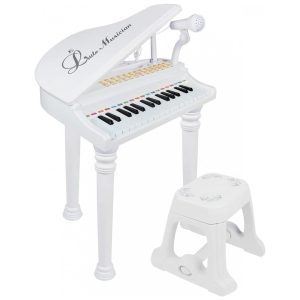 Piano Teclado Infantil com 31 Teclas Microfone e Banco para Crianlas de 2 Anos LoveMini Branco