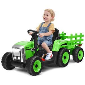 Trator Elétrico Infantil 2 em 1 com Reboque Controle Remoto Câmbio de 3 Marchas Música USB e Bluetooth 12V Olakids Verde