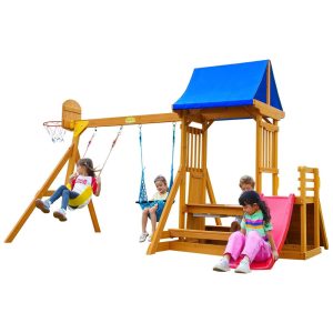 Playground Infantil de Madeira com Mesa de Piquenique Cesta de Basquete Escorregador de Ondas 2 Balanços e Parede de Escalada SuniBoxi Amarelo e Azul