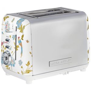 Torradeira 2 Fatias em Aço Inox Laura Ashley Branco com estampa floral Elveden Slots Largos 7 Níveis Funções Descongelar Reaquecer Rack para Croissants 850W 110V