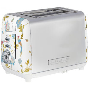 Torradeira 2 Fatias em Aço Inox Laura Ashley Branco com estampa floral Elveden Slots Largos 7 Níveis Funções Descongelar Reaquecer Rack para Croissants 850W 110V