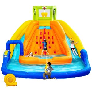 Parque Aquático Inflável Castelo Pula-Pula com Baldinho de Água Piscina Profunda Parede de Escalada com Corda Castelo Saltitante WELLFUNTIME