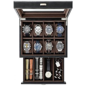 Caixa Estojo de Couro para Relógios com 8 Compartimentos TAWBURY Preto