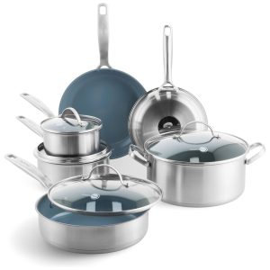 Conjunto de Panelas e Frigideiras de Aço Inoxidável 10 Peças com Revestimento Antiaderente Cerâmico Livre de Produtos Químicos GreenPan Prata