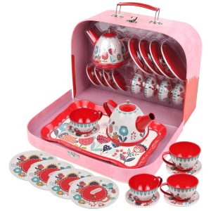 Jogo de Chá Infantil 15 Peças com Tema Floral e Estojo de Transporte para Crianças Acima de 3 Anos KIDDIE PLAY Vermelho e Rosa