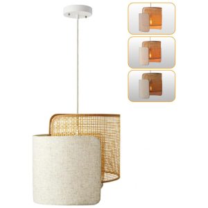 BAMWUAN Luminária Pendente Boho com Ajuste de Altura até 88 cm Abajur de Bambu e Linho para Sala Cozinha e Quarto