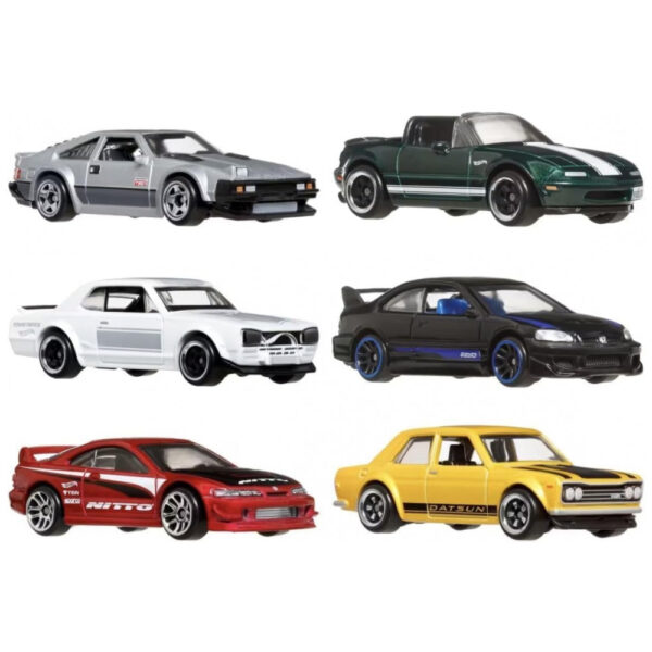 Coleção de 6 Carros de Brinquedo Hot Wheels Escala 1:64, Veículos Japoneses com Estilos Elevados que Variam