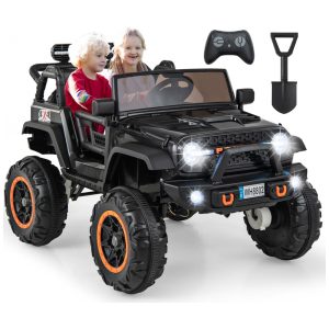 Carro Elétrico Infantil 2 Lugares OLAKIDS Preto 24V 2WD/4WD Jeep 4x550W Controle Remoto LED Suspensão Música 20" Assento Duplo