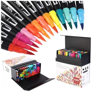 Conjunto de Canetas Artisticas 100 Cores de Ponta Dupla para Adultos Hhhouu HO100B Preta