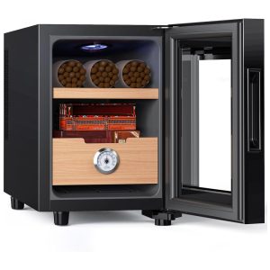 Umidor Elétrico KingChii 16 Litros com Controle de Temperatura Prateleiras de Cedro Espanhol e Gaveta Higrômetro - Presente Ideal para Homens