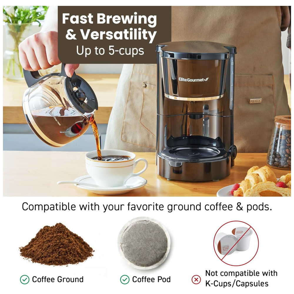 Máquina de Café Elite Gourmet EHC-5055 Automática 5 Xícaras com Função Pause N Serve Filtro Reutilizável Interruptor Liga/Desliga - Imagem 5