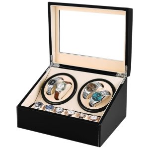 Caixa Estojo Rotativo Automático de Couro para Relógios 4 Lugares J T Technology Preto