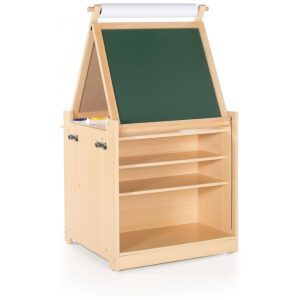 Cavalete infantil 2 em 1 Guidecraft Natural com mesa de arte lousa branca lousa de giz e carrinho com nichos