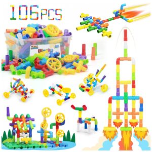 Brinquedo de construção STEM Ggiibro 106 peças tubos plásticos com caixa organizadora