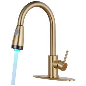 Torneira Cozinha com LED e Pulverizador Pull Down e Durável em Aço Inoxidável Qomolangma Dourada
