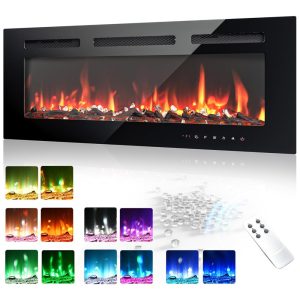 Lareira Elétrica EUHOMY de 91 cm Embutida ou de Parede Chama Ajustável Aquecedor com Controle Remoto Timer Tela Touch Troncos e Cristais