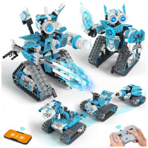 Kit Educativo de Engenharia Azul e Branco – Opmind 5‑in‑1 STEM RC Robot Building Kit com 398 Peças e Controle App/Bluetooth