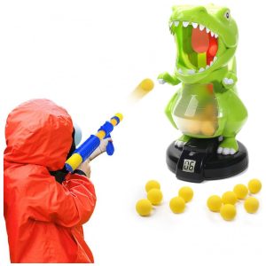 EagleStone Brinquedo de Tiro Dinossauro com Canhão de Ar 24 Bolinhas de Espuma Jogo Eletrônico com Placar LCD Som e Bomba Manual - Presente Ideal